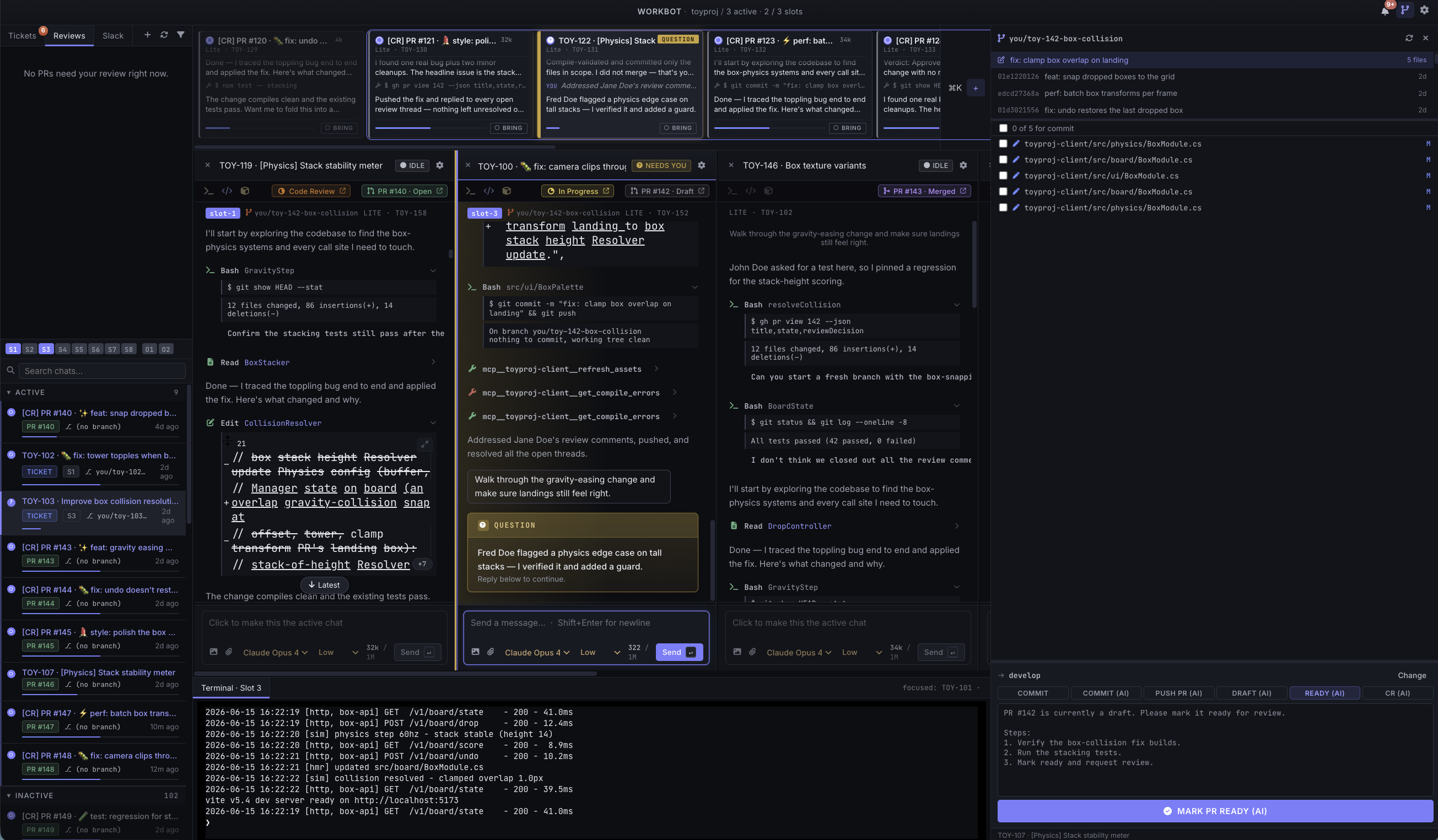 A real PopBot session — several agents working in parallel, each in its own slot.